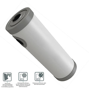 Weißer zylindrischer Tank mit grauen Enden für Nachheizmodul Notheizung Durchlauferhitzer