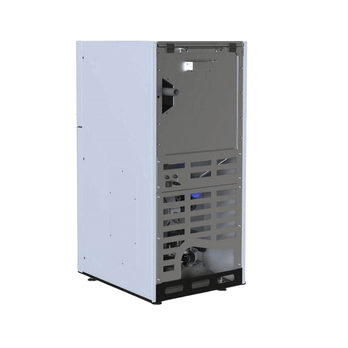 Weißes und silbernes Gerät mit Belüftung für Pelletkessel Evopell 8 kW