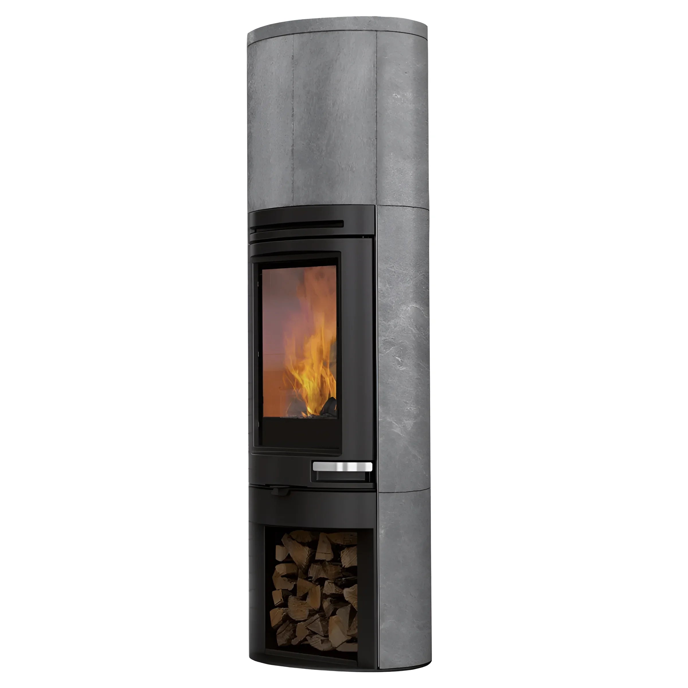Grauer Steinstaubspeicherofen Edilkamin Tally S Evo mit sichtbaren Flammen und Holzlager