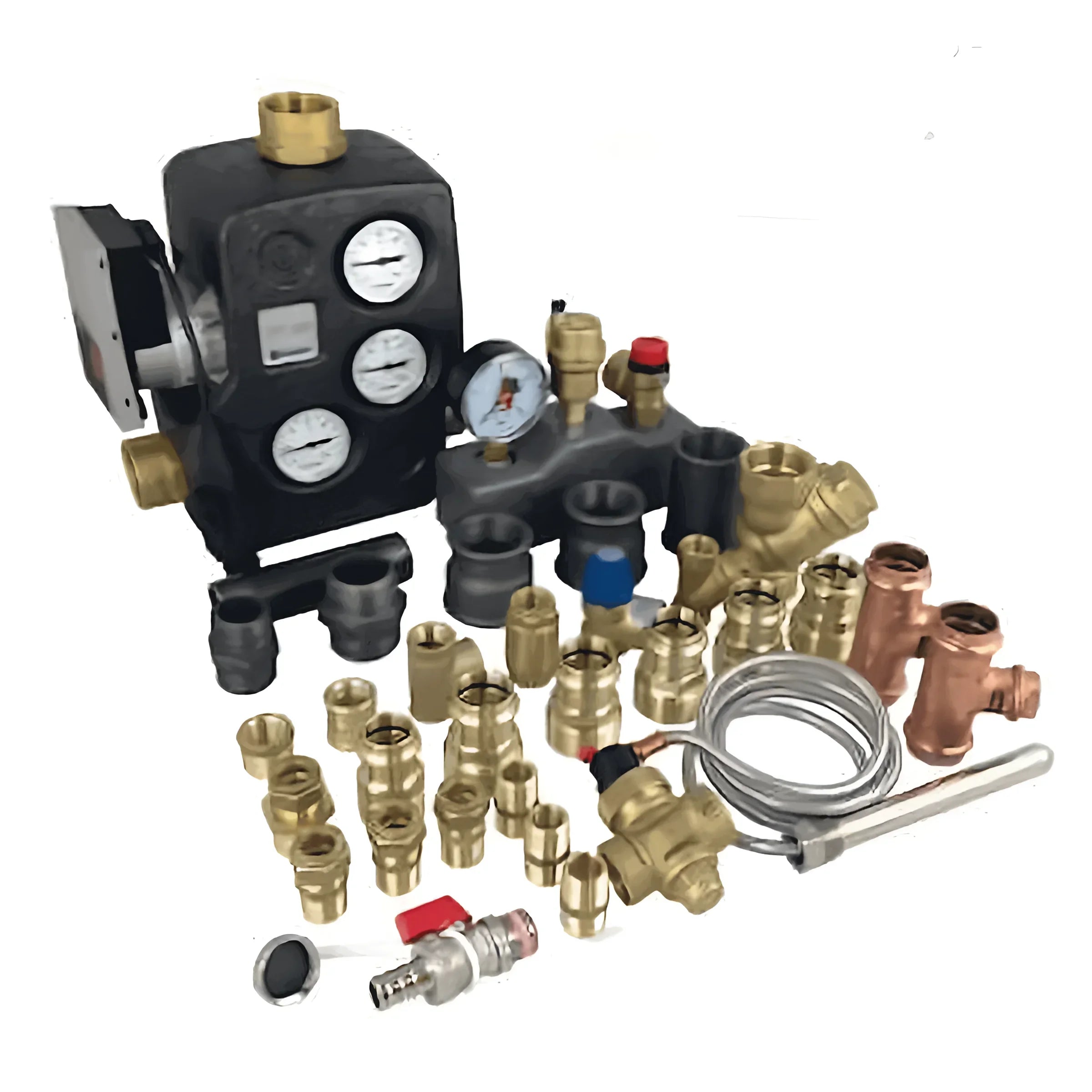 Assorted plumbing components für anschlusspaket atmos GSE bis 30 kW, inklusive Profipress Rotguss und Kupfer T-Stück