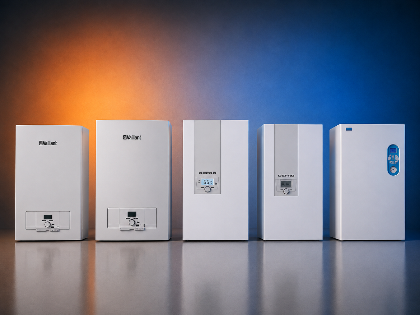 Elektrokessel verschiedener Hersteller als Produktgruppe vor blau-orangefarbenem Hintergrund