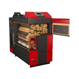 Roter und schwarzer Holzvergaser Attack DPX Profi 80 kW mit offenem Türdesign