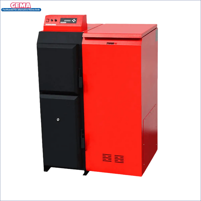 Rotes und schwarzes Heizgerät Thermoflux Pelling 50/185 mit Pufferspeicher