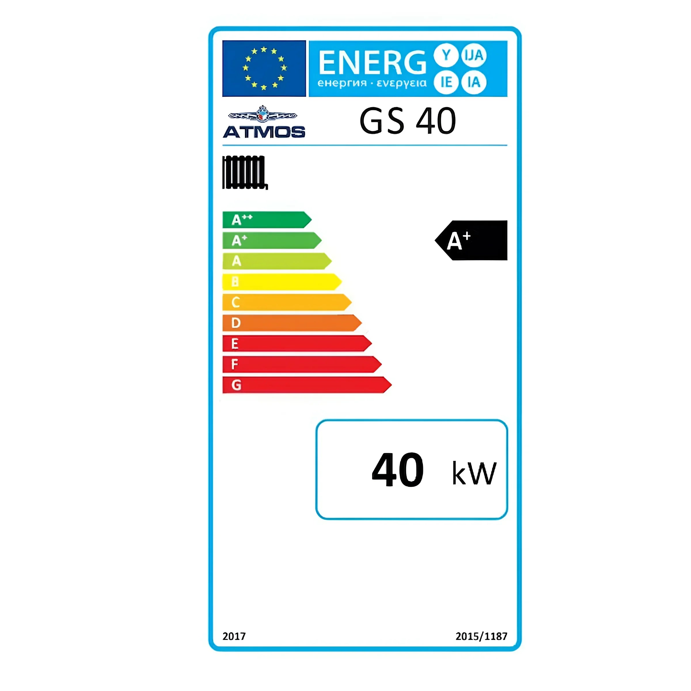Energieeffizienzlabel A+ für Heizkessel Holz Atmos GS 40; 40 kW, max. 87,1% Wirkungsgrad 💨🔋