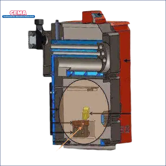 Diagramm des Pelletheizungssystems Thermoflux Pelling 35/150 mit Pufferspeicher