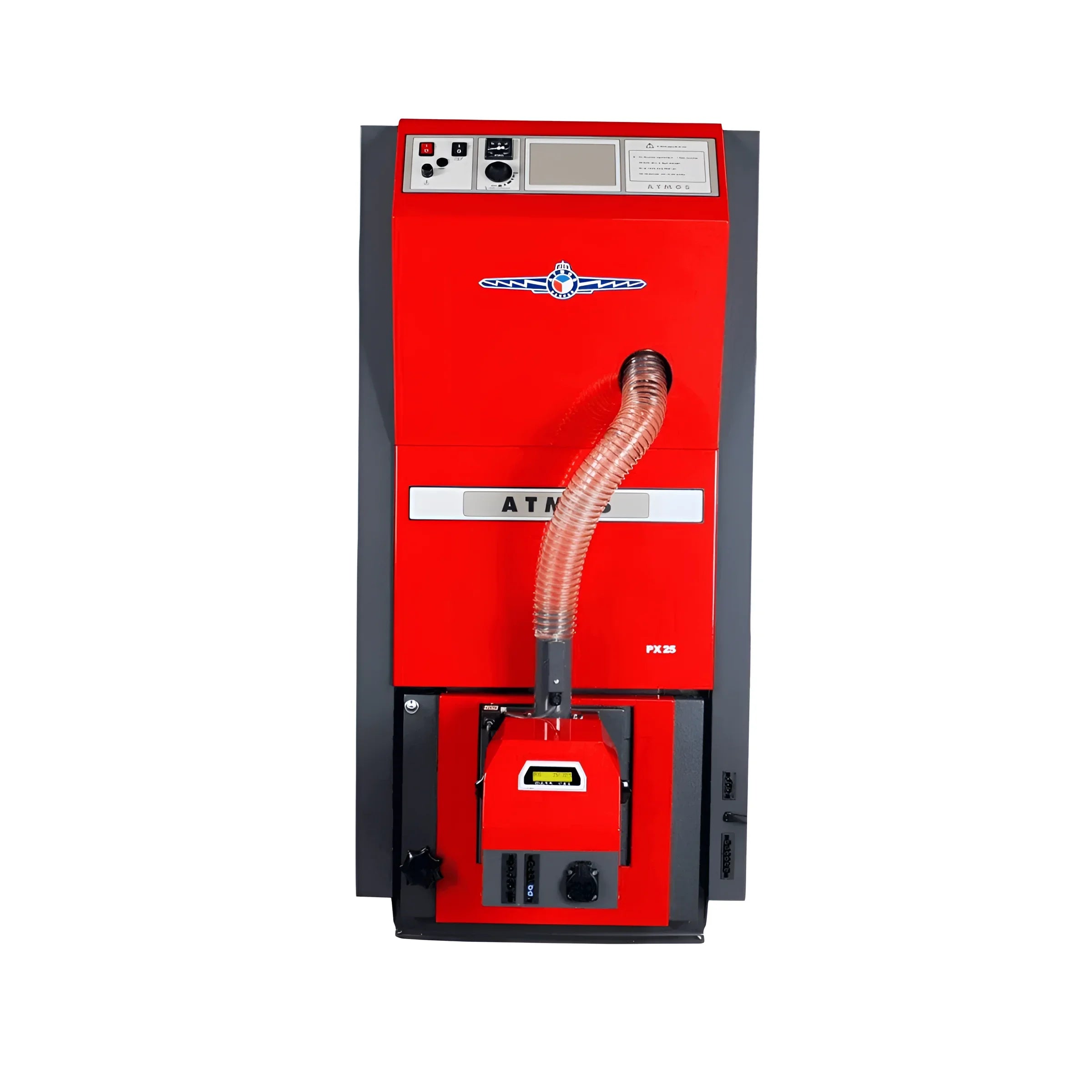 Pelletkessel ATMOS PX10 mit rotem und grauem Design - Angebot anfordern
