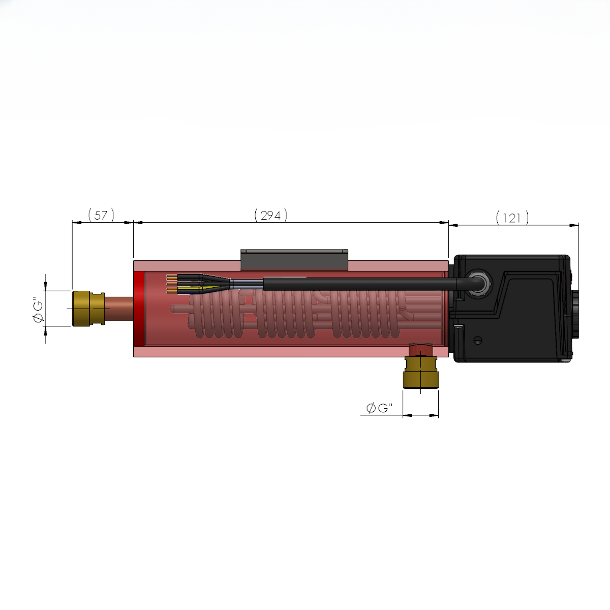 Cylindrisches Gerät mit Abmessungen für GEMA Trinkwasser Heizmodul PV 6 und 9 KW