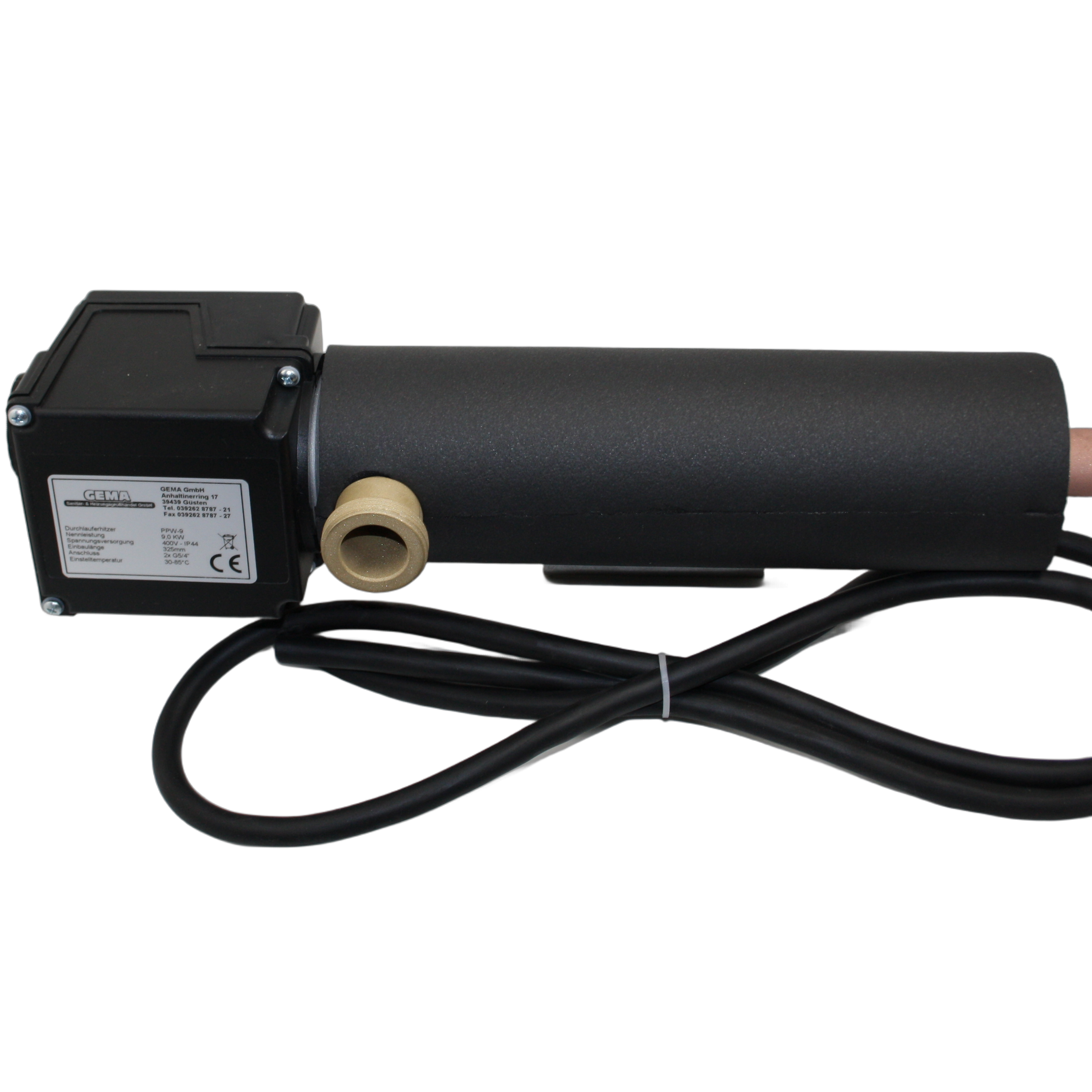 Schwarzer zylindrischer Durchlauferhitzer mit Elektronikbox und Kabel für GEMA Trinkwasser Heizmodul
