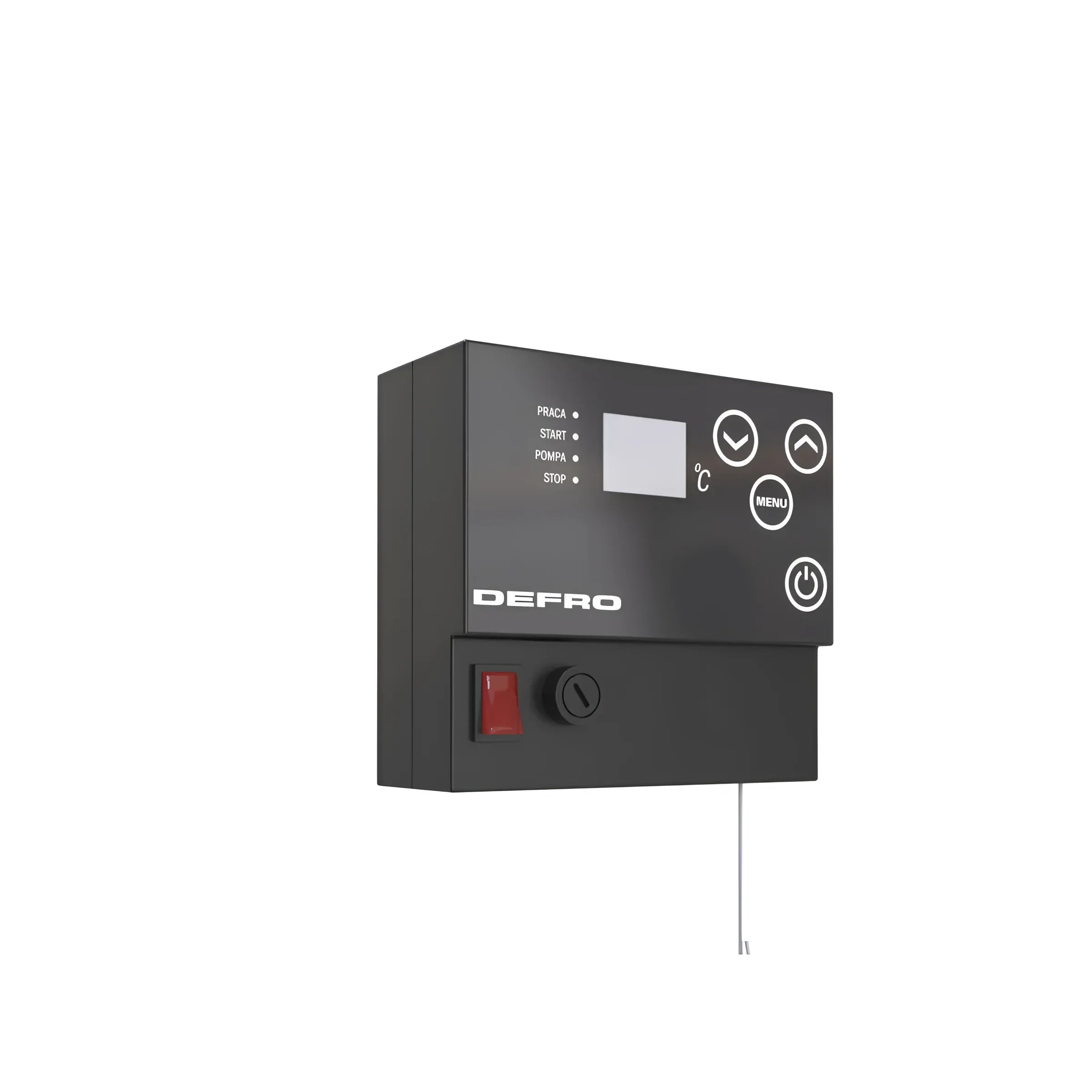 Schwarzes elektronisches Steuerpult des Defro Firewood Plus 15 kW Vergaserkessels