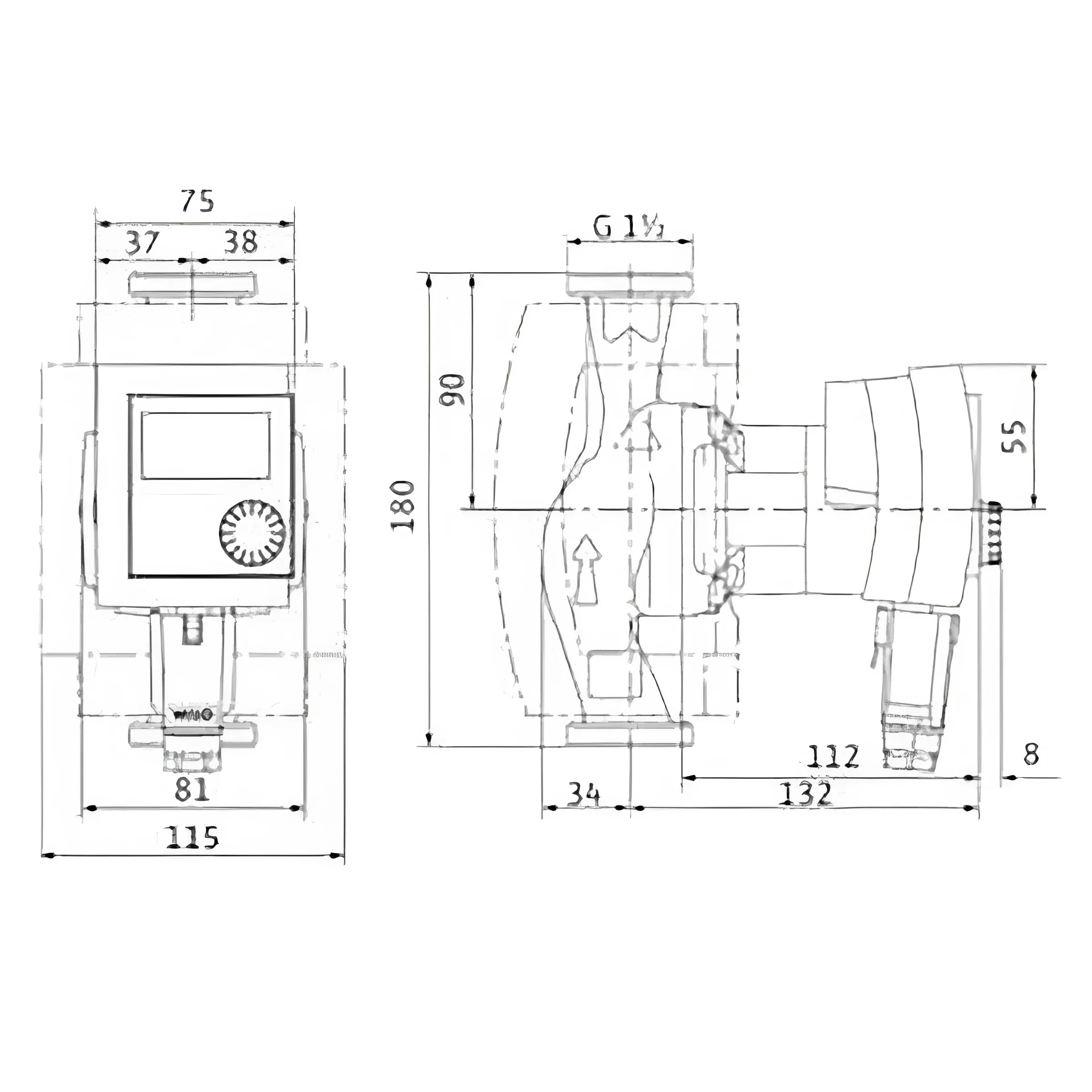 Technische Zeichnung einer Wilo Stratos Pico Umwälzpumpe mit Dimensionen, x4d