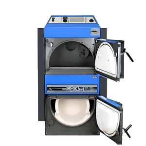 Blaue und graue zweiflügelige Ofentür für Kohlekessel Atmos KC16S