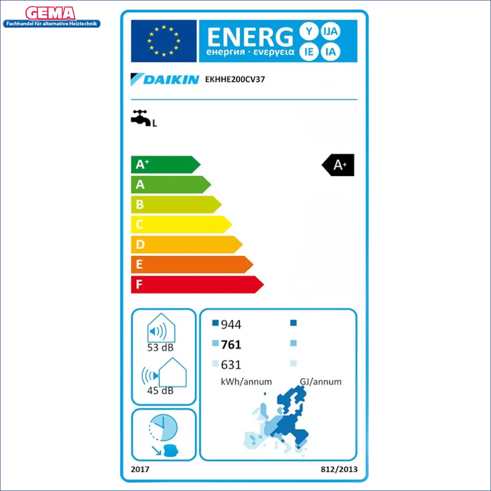 Energieeffizienzlabel für Wassererhitzer am Daikin Altherma M HW 200 Warmwasser-Wärmepumpe