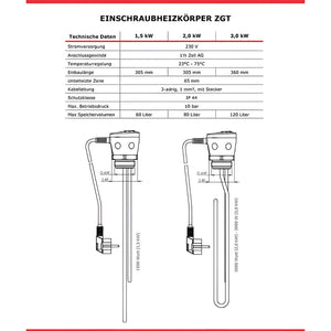 Immersionsheizer Spezifikationen für den Warmwasserspeicher 120 L mit Incoloy 825 Heizstab 3 kW für sicheren Betrieb