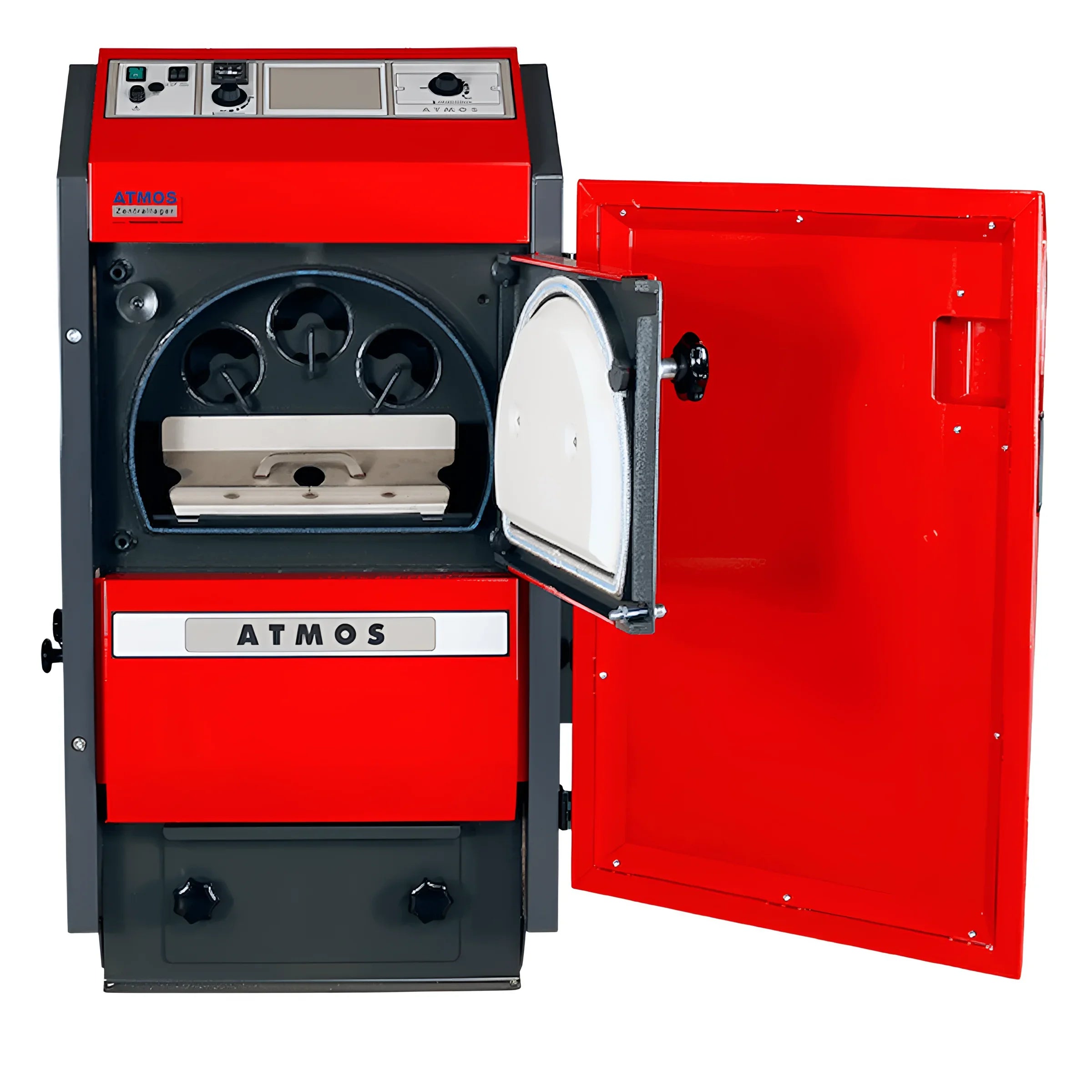 Reduziert und schwarz Pelletkessel ATMOS P14 mit offenem Tür, ideal für Atmos P Serie Angebot