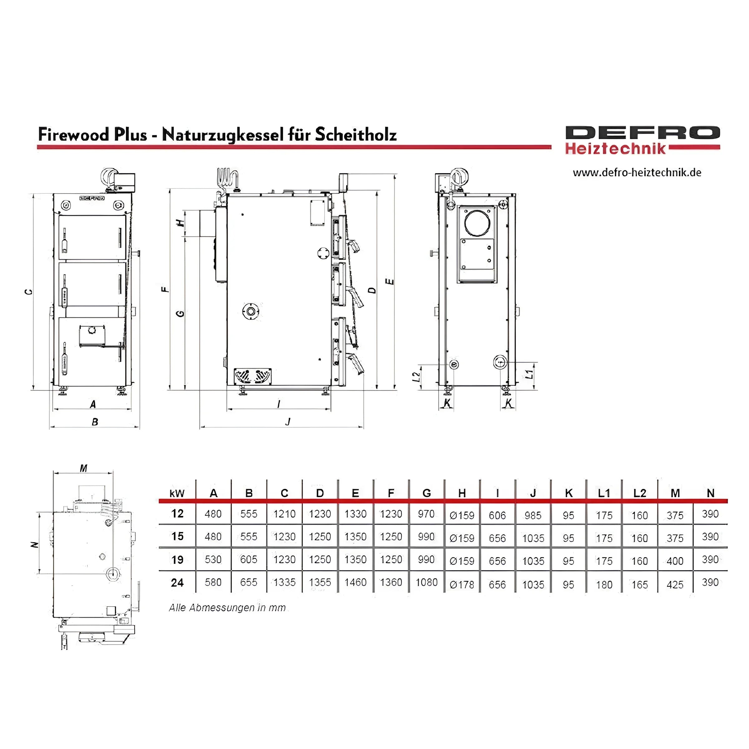 Bild der Abmessungen und Spezifikationen des Defro Firewood Plus 15 kW Vergaserkessels