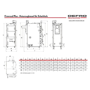 Bild der Abmessungen und Spezifikationen des Defro Firewood Plus 15 kW Vergaserkessels