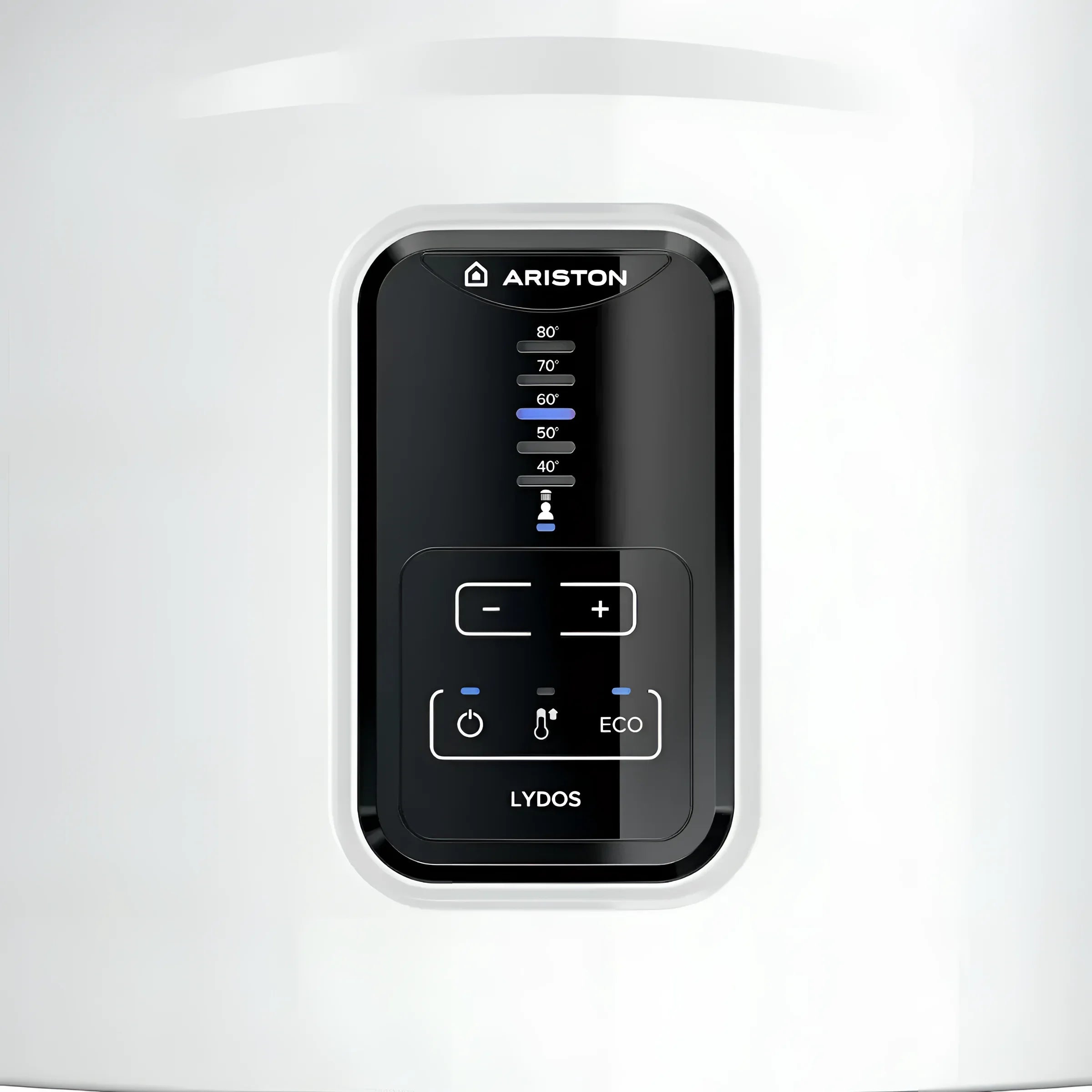 Weißer Ariston Lydos mit Digitalanzeige und Wasser Plus-Technologie für shower ready Anzeige