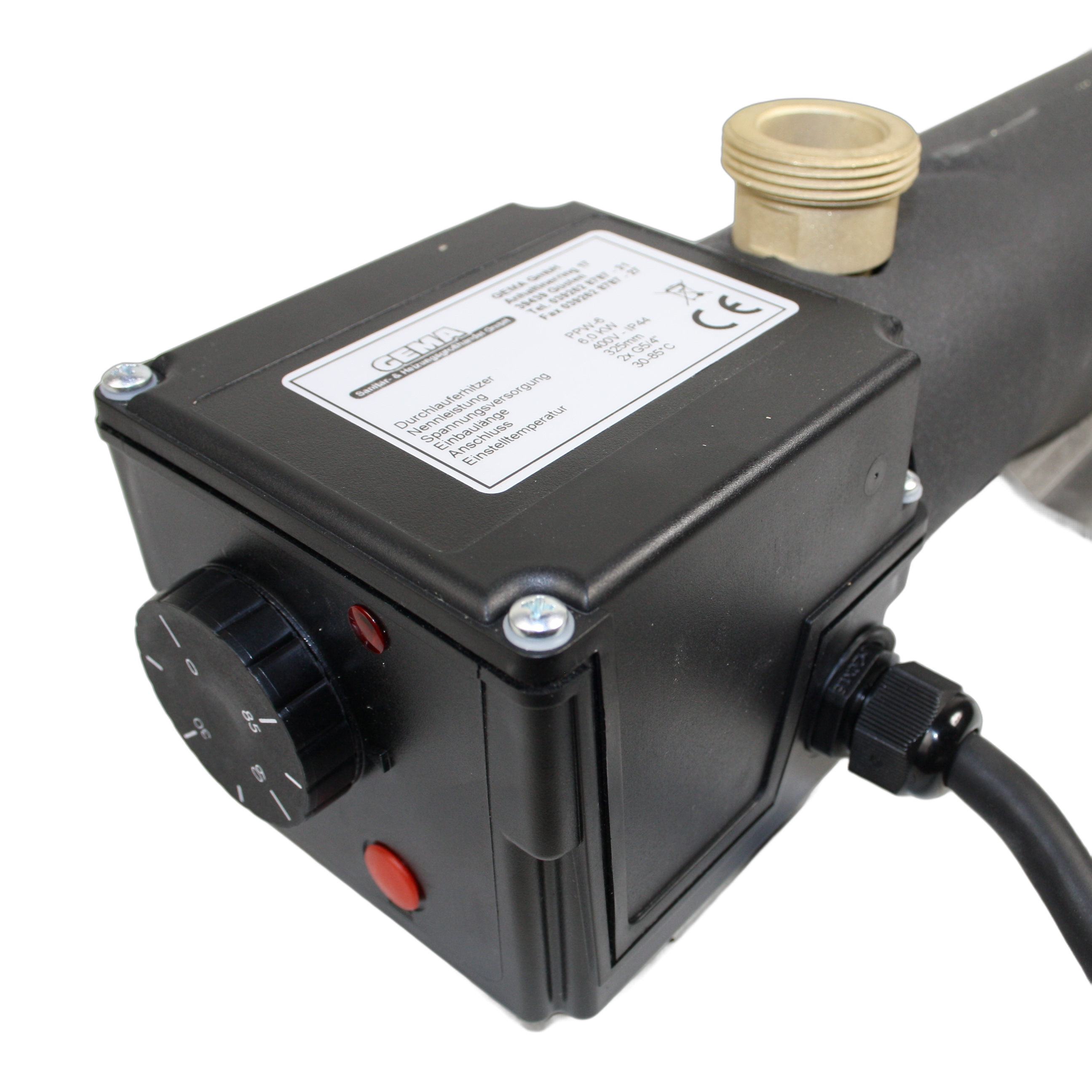 Schwarzer elektrischer Steuerkasten mit Knopf und Tasten für GEMA Trinkwasser Heizmodul