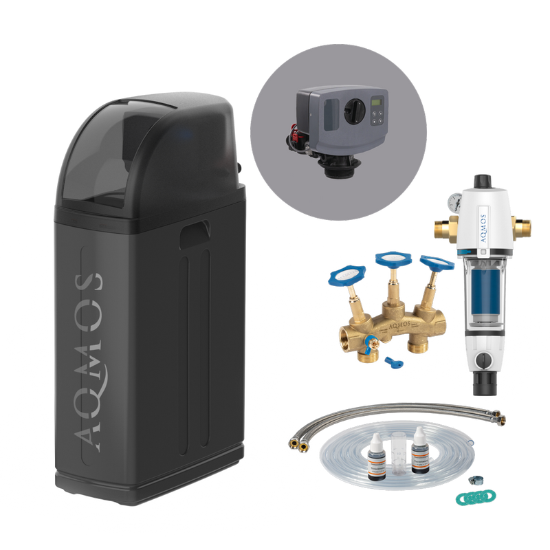 Zariadenie na zmäkčovanie vody AQMOS R2D2-48 Black Edition set so spätným preplachovacím filtrom, pripojovacou súpravou a montážnym blokom