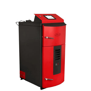 Attack SLX Lambda Touch 🔥 für effizientes Heizen 📈 – moderner Holzvergaser in rot-schwarz mit smartem Display.