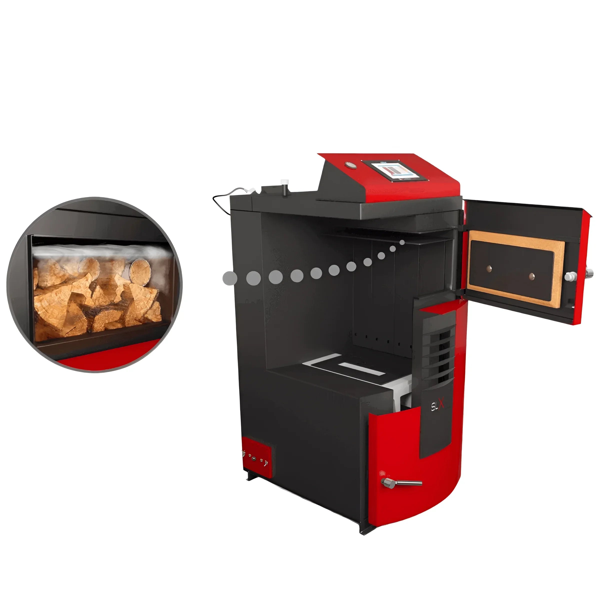 Leistungsstarker 🔥 Holzvergaser Attack SLX Lambda Touch mit offener Tür und Holzlagerung für effizientes Heizen.