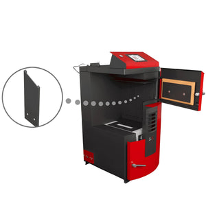 Attack SLX Lambda Touch Holzvergaser 🔥 mit touchscreen-Display und geöffneter Tür für einfache Wartung.