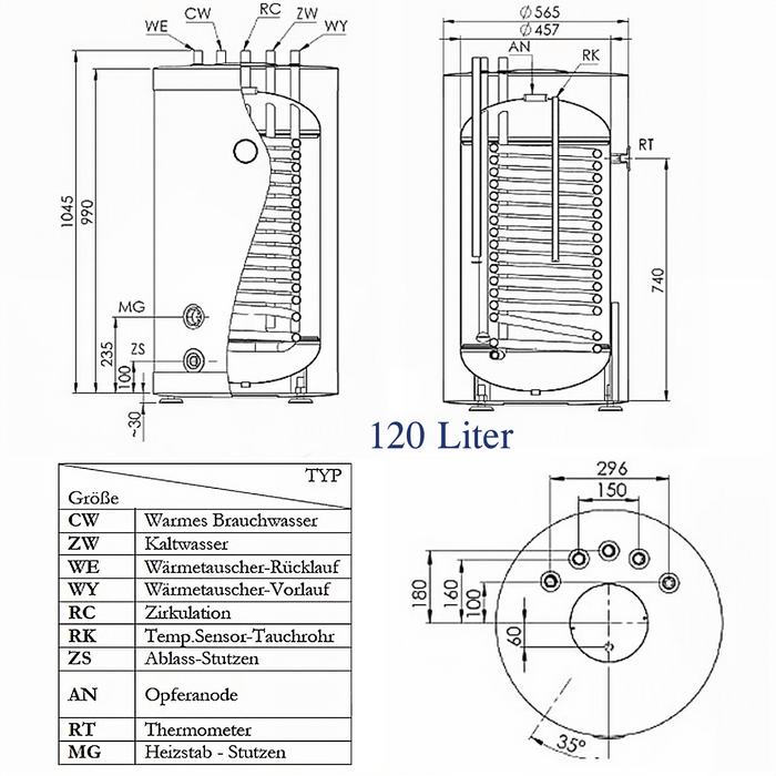 Warmwasserspeicher 120 Liter plus Heizstab TERi 2,0 kW