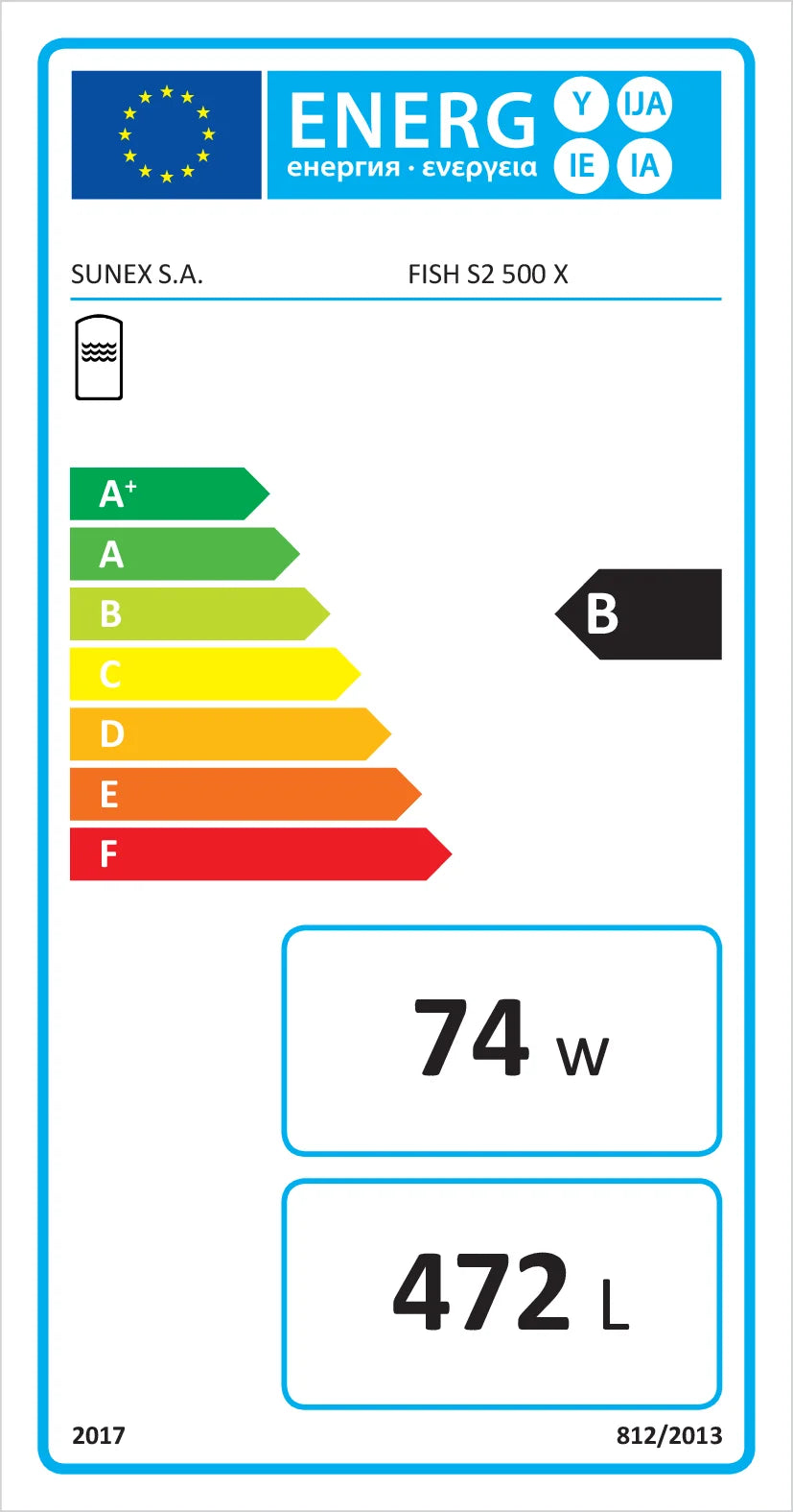 Energieetikett für Warmwasserspeicher Sunex Fish S2 X, Effizienzklasse B, 74 W, 472 L