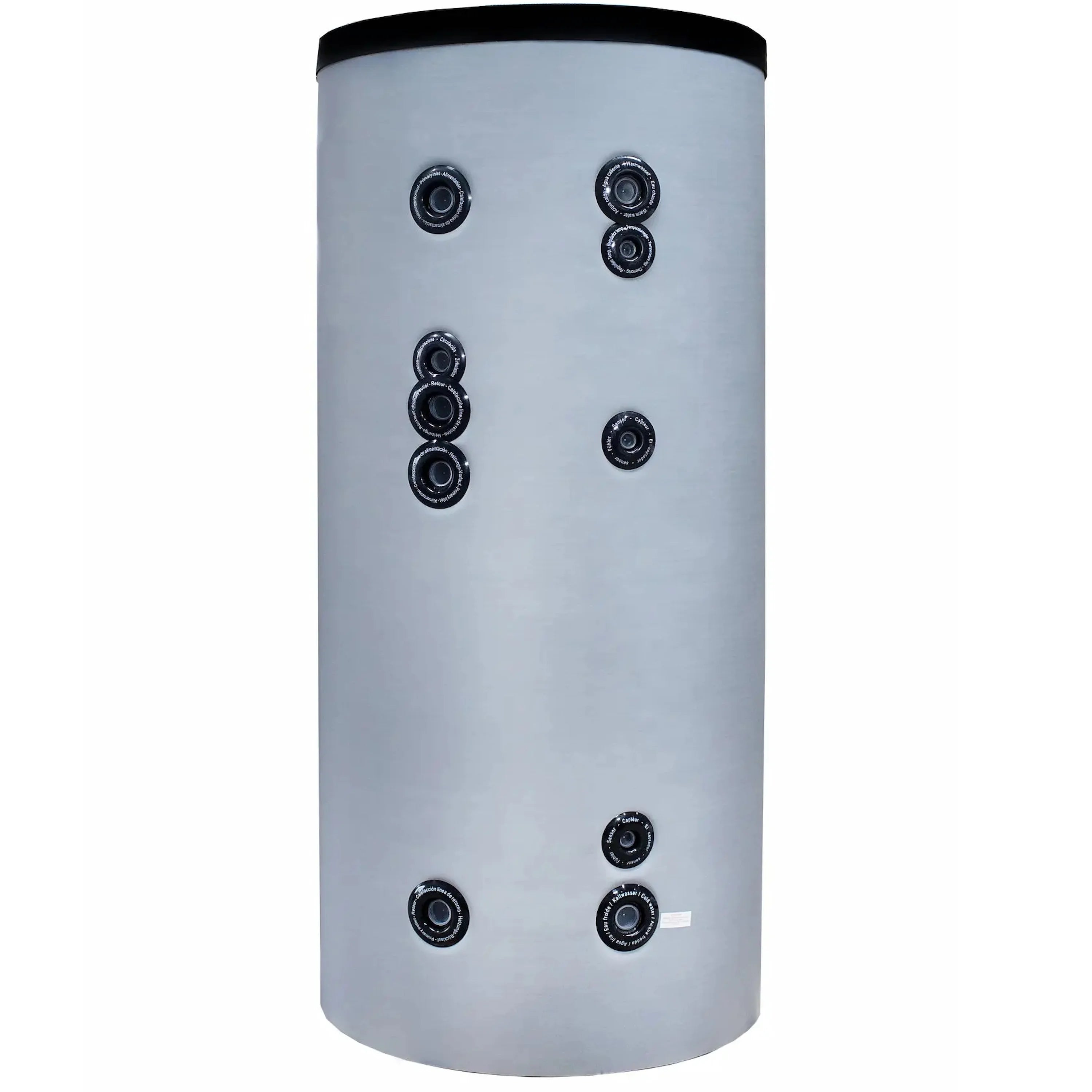 Grauer zylindrischer Warmwasserspeicher Sunex Fish S2 X mit mehreren Anschlüssen, S235JR