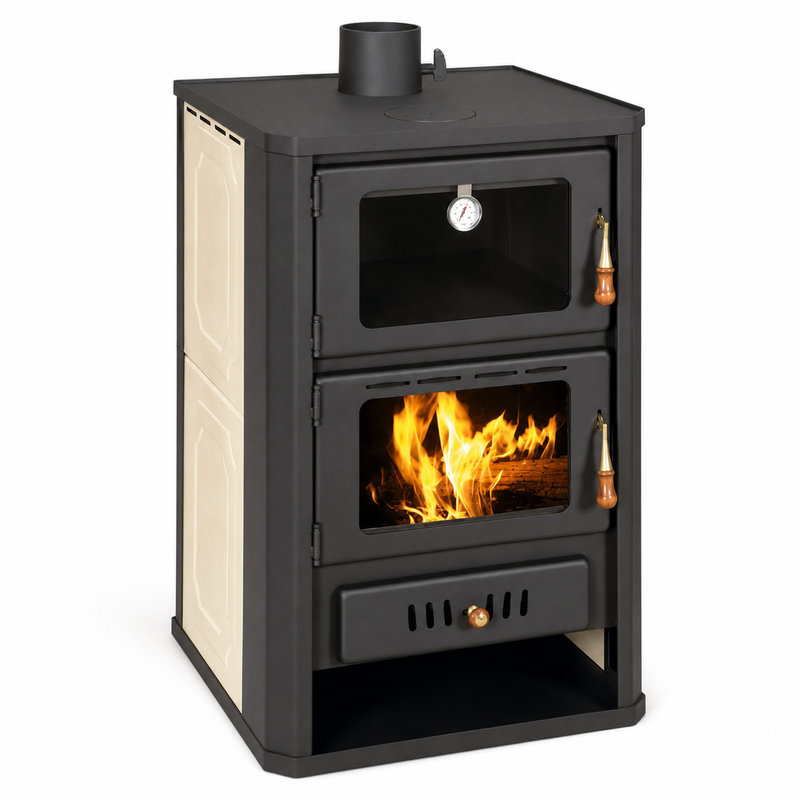 Wasserführender Kaminofen mit Backfach Prity creme- 19,8 kW