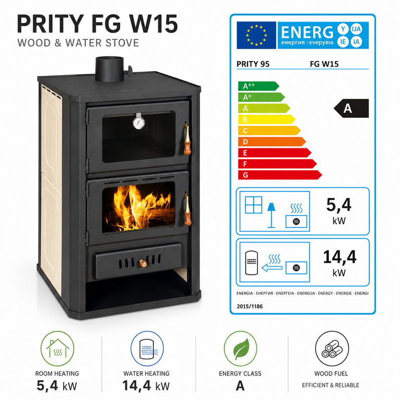Wasserführender Kaminofen mit Backfach Prity creme- 19,8 kW