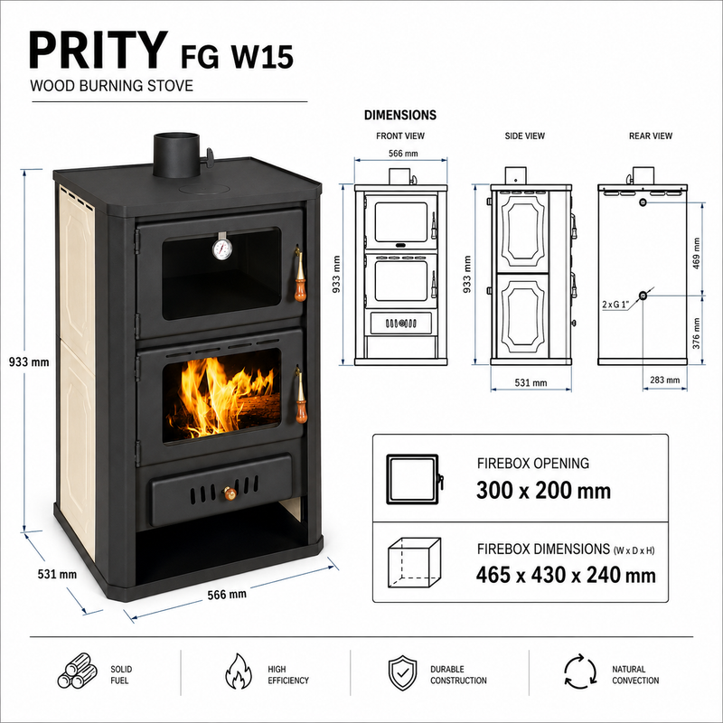 Wasserführender Kaminofen mit Backfach Prity creme- 19,8 kW