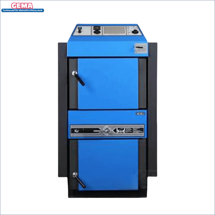 Blauer und schwarzer Festbrennstoffkessel Atmos KC35S Kohlekessel