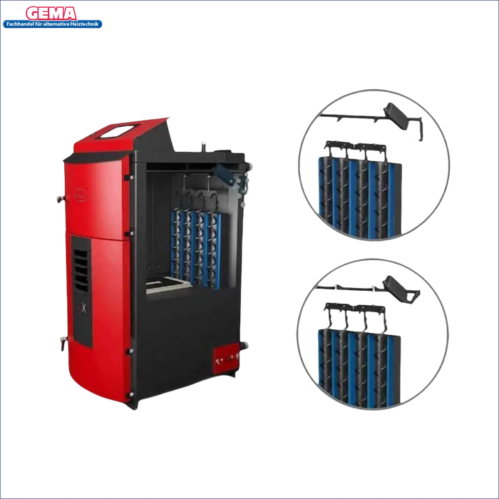 Roter und schwarzer Pelletkessel mit inneren Komponenten für Attack SLX Kombikessel 20 kW