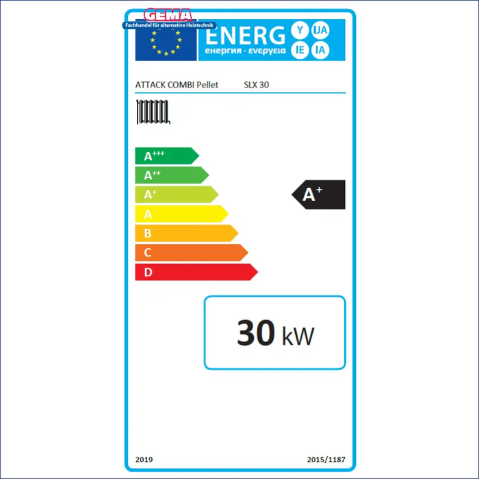 Energieeffizienzlabel für Attack SLX Kombikessel, zeigt A+ Rating und 30 kW Leistung 🔋💚