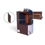 ATTACK SLX PROFI Holzvergaserkessel mit geöffneter Fülltür und Detail einer Innenplatte
