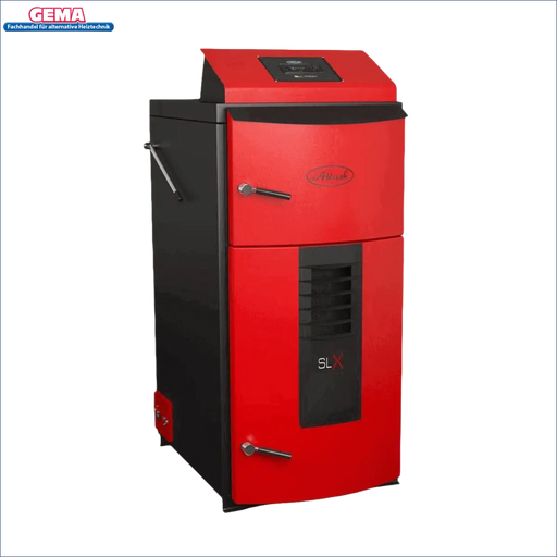 Roter und schwarzer Holzvergaser-Ofen im Attack SLX Profi 55 kW Design