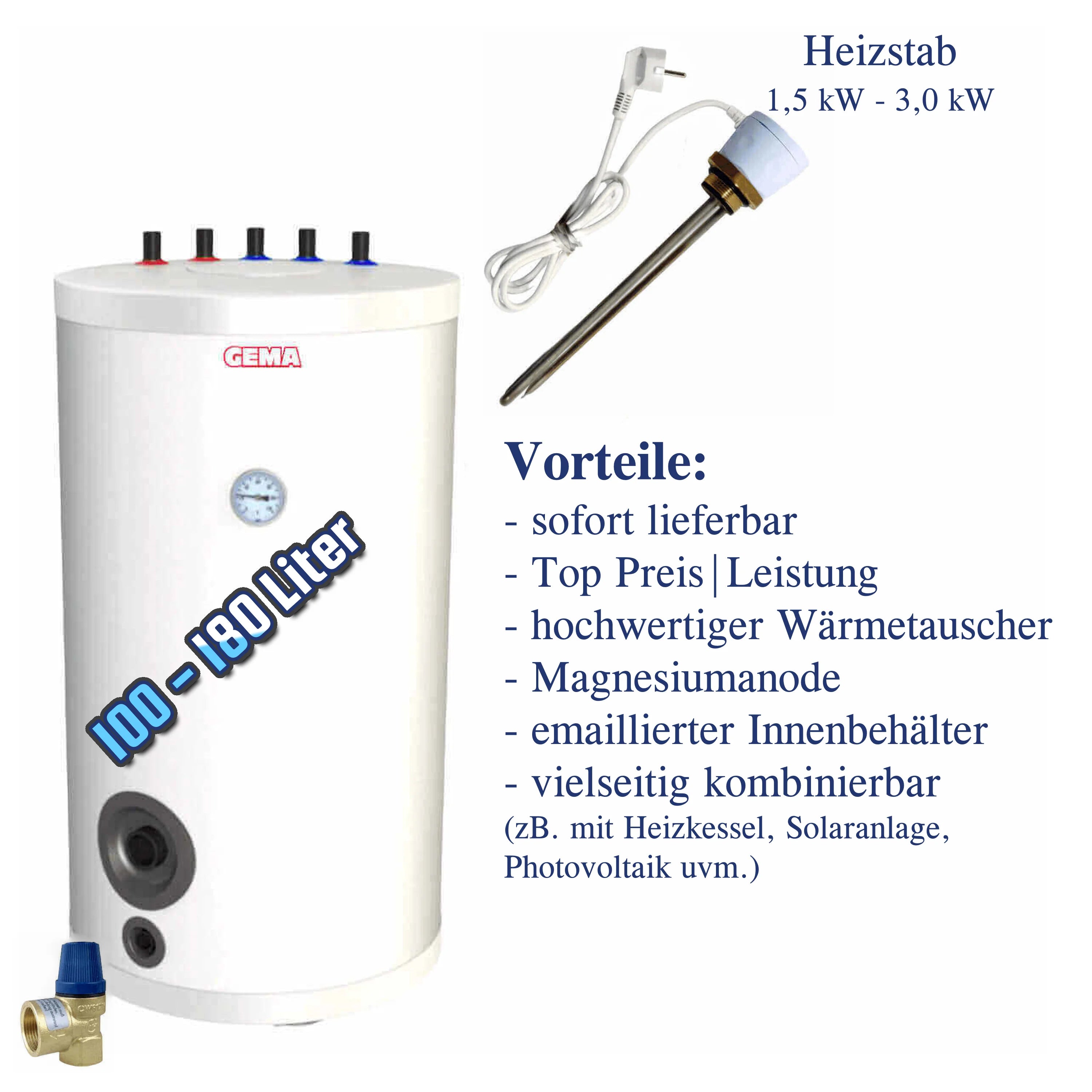 GEMA Warmwasserspeicher 💧 100-180L mit Heizstab 🔥 für effiziente 🌞 Erwärmung von Brauchwasser. Vielseitig kombinierbar!