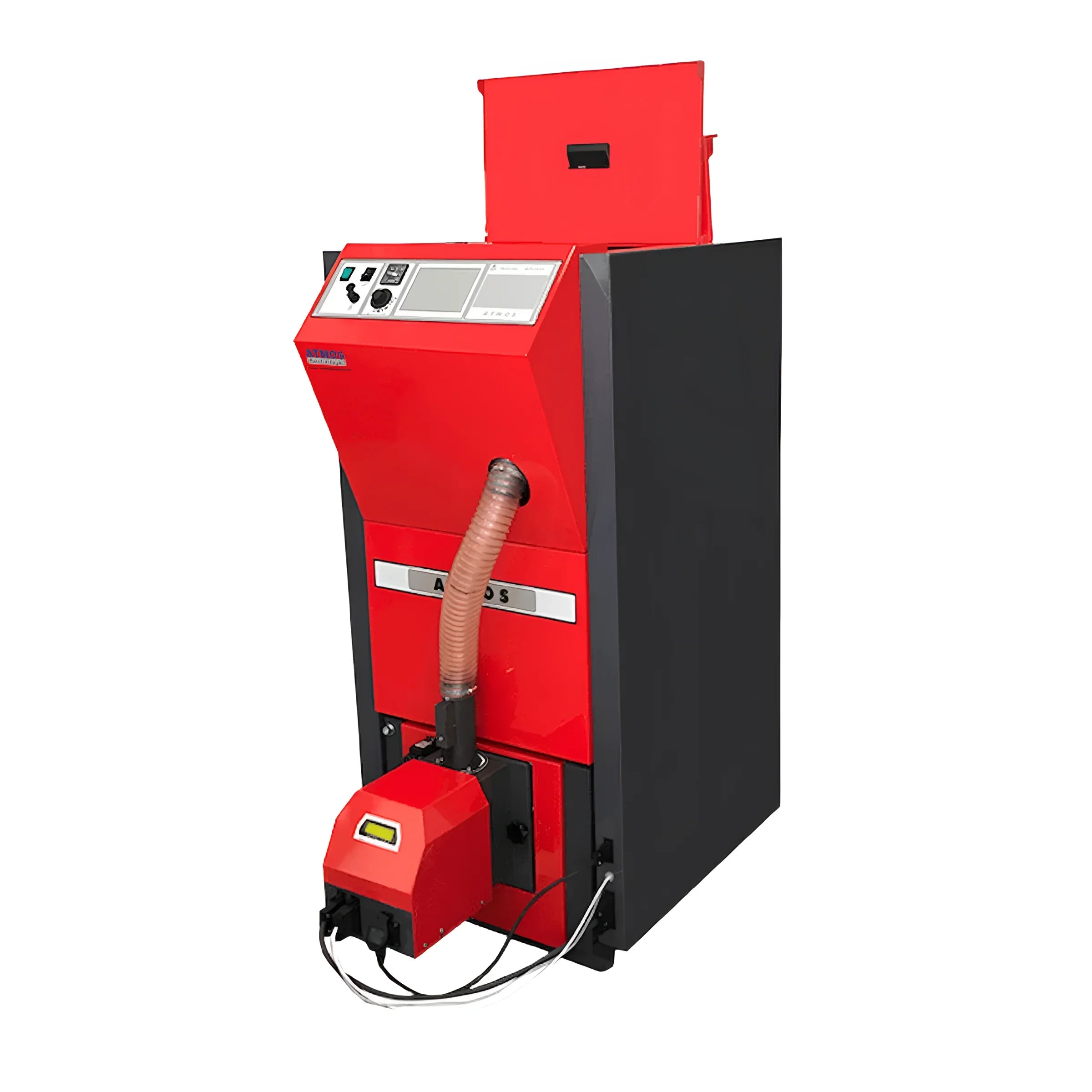Pelletkessel Atmos PX für effizientes Heizen 🔥, rot-schwarzes Design, digitaler Bildschirm, in Aktion!