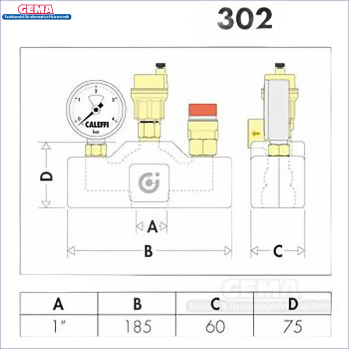Plumbing-Komponentendiagramm mit Maßen für Caleffi Kesselsicherheitsgruppe 1-Zoll Sicherheitsventil