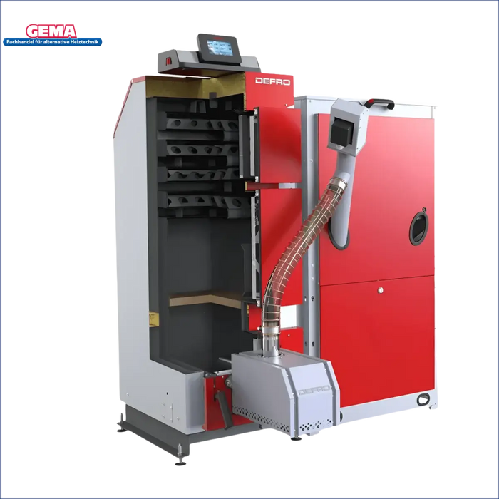 Roter und grauer Festbrennstoffkessel für das Defro Komfort Ekopell 14 kW Heizsystem