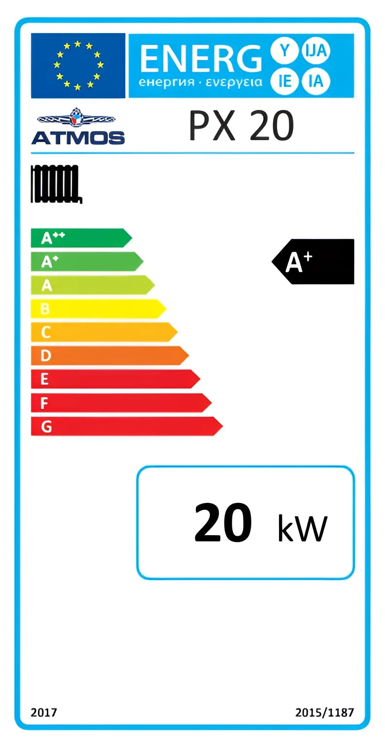 Energielabel für Atmos PX 20 Pelletkessel, 🟢 A+ Effizienz, 20 kW Leistung, umweltfreundliches Heizen 🔥