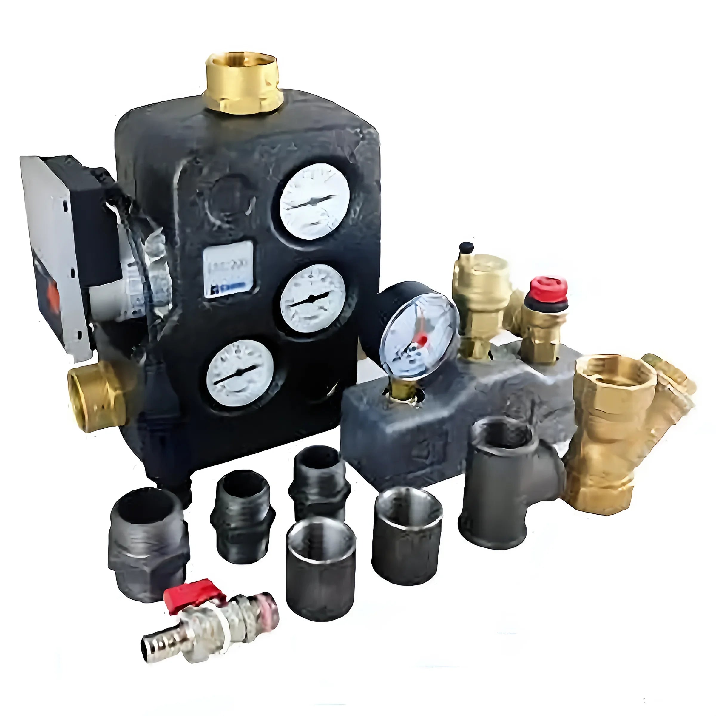 Plumbing manifold mit Messgeräten und Anschlüssen für Thermoflux Pelling 25/75 Plus Hygiene-Frischwasser-Kombispeicher