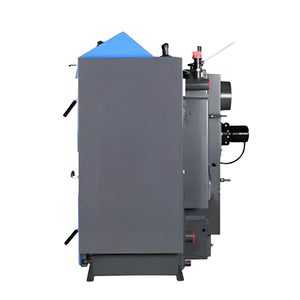 Graue und blaue Industriekessel Atmos KC16S für Kohle und Holz, energieeffizient