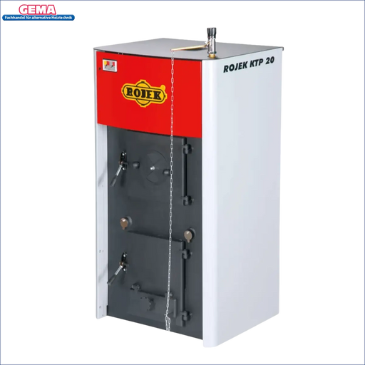 Roter und weißer Festbrennstoff-Vergaserkessel Rojek KTP 30 kW