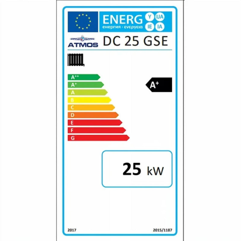 GEMA Shop Energieeffizienzlabel A+ für den ATMOS DC25GSE Holzvergaserkessel mit 25 kW Leistung