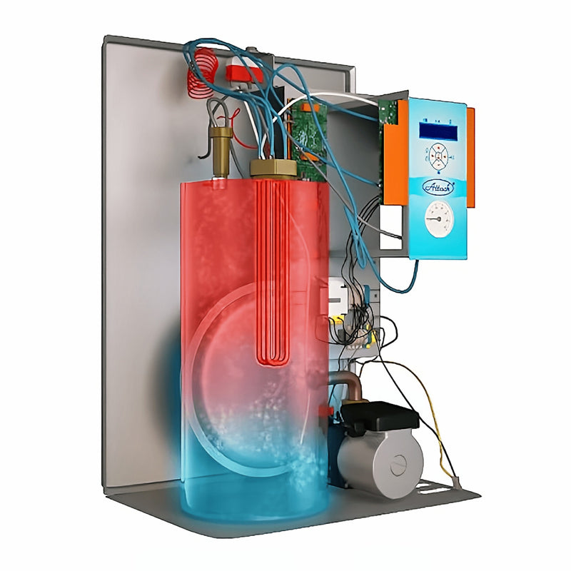 GEMA Shop ATTACK Electric Easy 8 Elektrokessel mit 7,5 kW Leistung, offene Ansicht der Heiztechnik mit LCD-Display