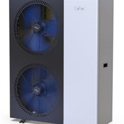 GEMA Shop Deher Airterm EVI DC 23 kW Luft-Wasser-Wärmepumpe in Weiß und Anthrazit mit zwei blauen Ventilatoren