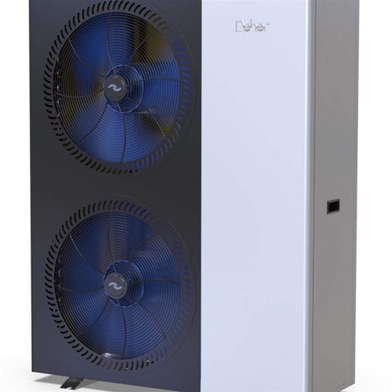 GEMA Shop Deher Airterm EVI DC 23 kW Luft-Wasser-Wärmepumpe in Weiß und Anthrazit mit zwei blauen Ventilatoren
