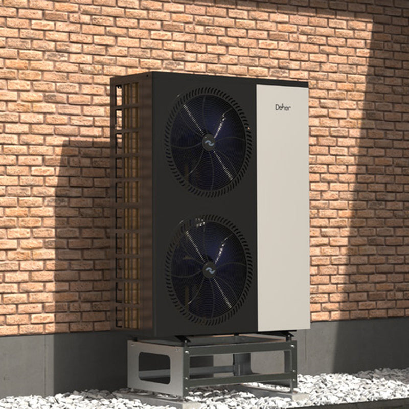 GEMA Shop Deher Airterm EVI DC 23 kW Luft-Wasser-Wärmepumpe in modernem Design vor einer Backsteinwand